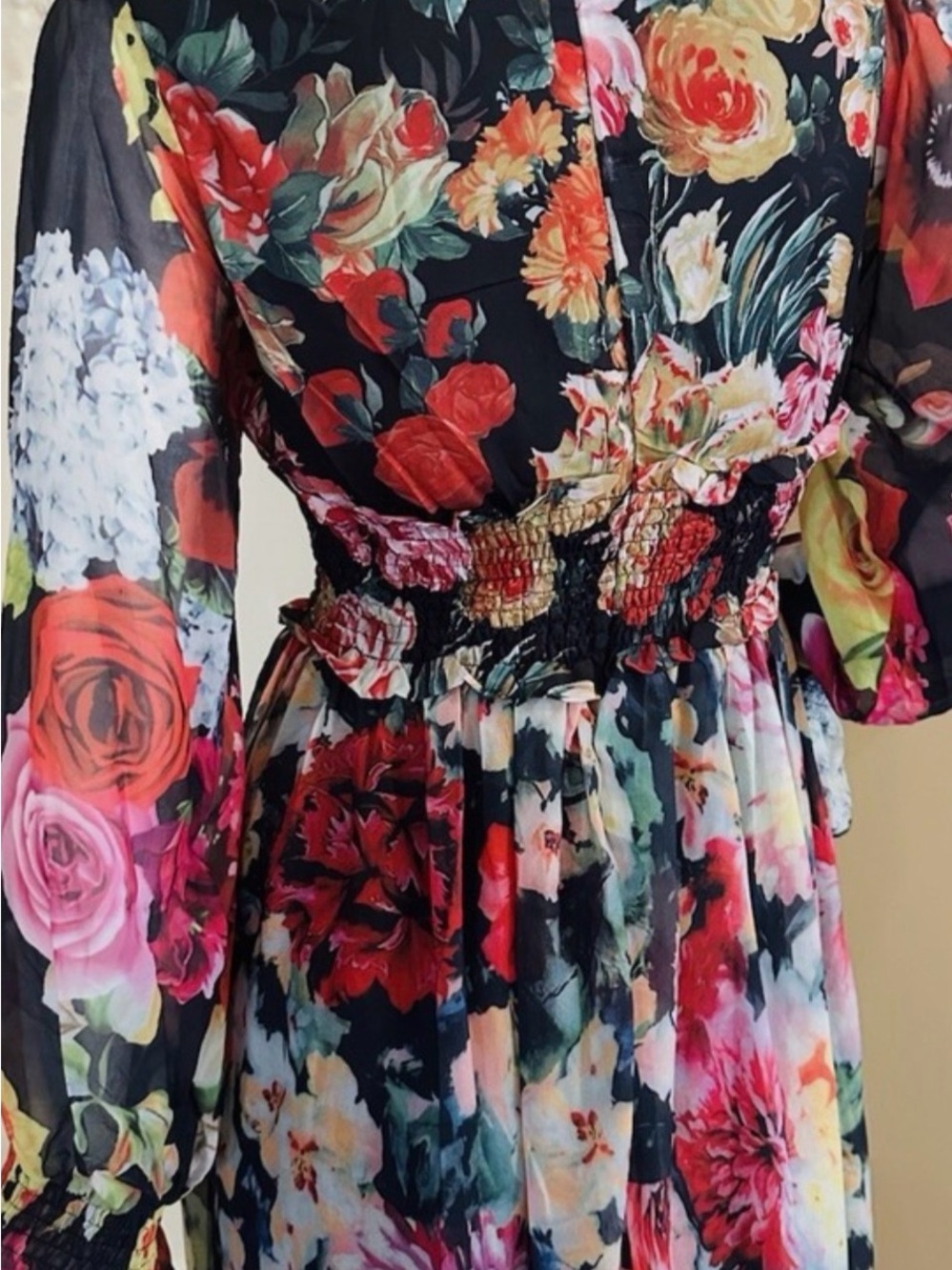 Dalia Macphee VIBRANT Floral Chiffon Smocked Waist Maxi Dress MEDIUM GORGEOUS - Picture 16 of 16